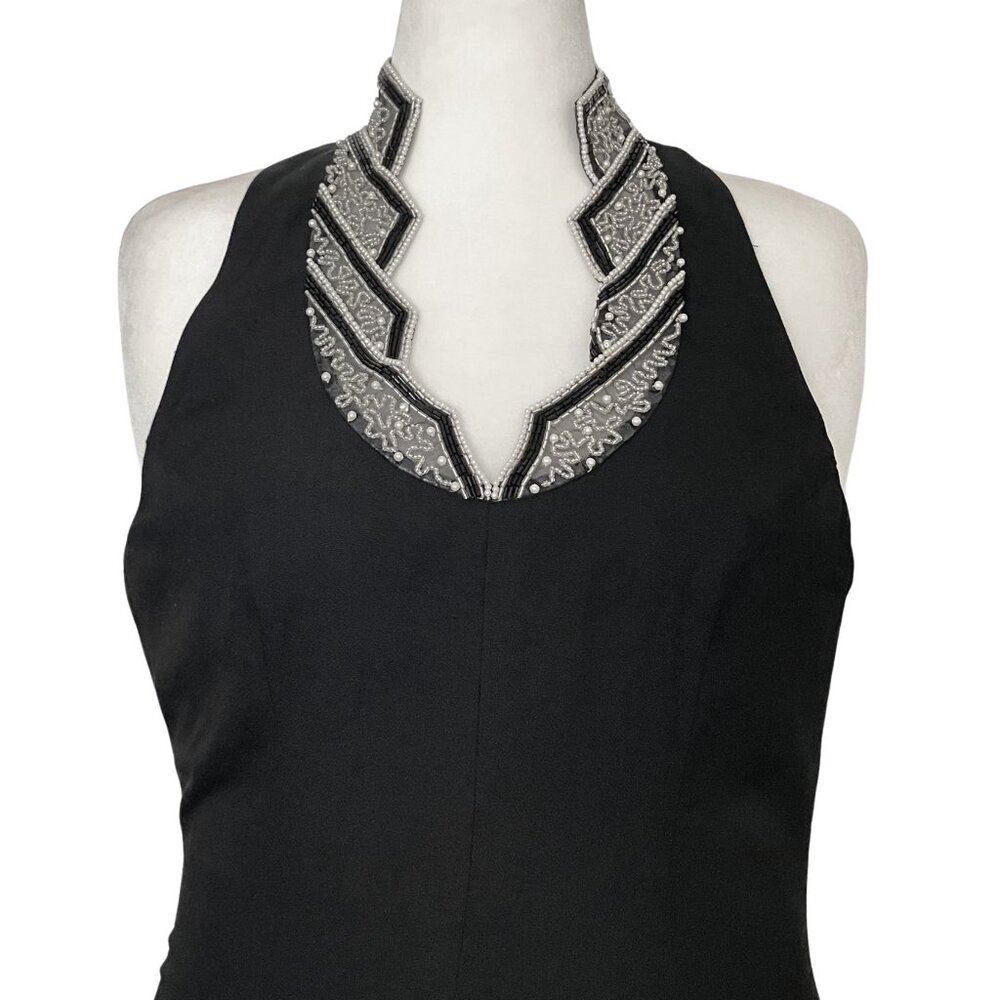 Vintage 90s Black Beaded Halter Prom Formal Dress. M/L 14. Art Deco Whimsigoth - Picture 9 of 10